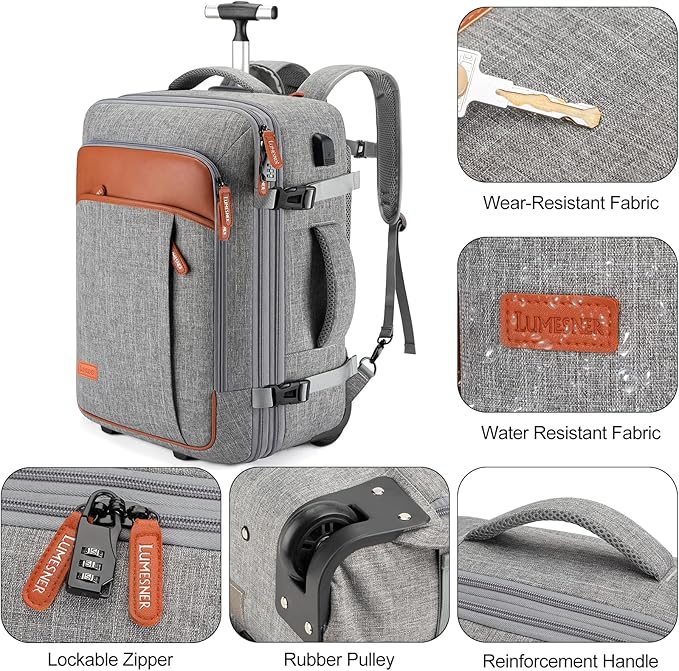 Lumesner Rolling Backpack for Men and Women, Extra Large 42L Travel Backpack with Wheels, 17.3 Inch Carry-On Laptop Bag with 4 packing cubes for Business and Work, Large Capacity Rolling Bag, Grey