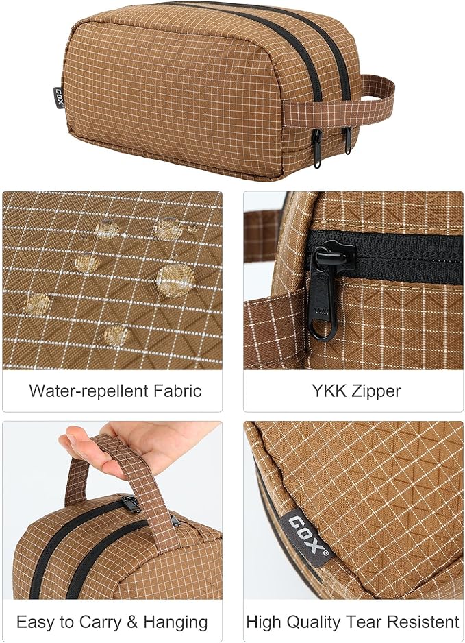 GOX Small Travel Toiletry Bag for Men, Dopp Kit, Water-Repellent Nylon, TSA Carry-On Leakproof Cosmetic Organizer (10.4"x5.5"x5.1") & Carry Handle (Brown)