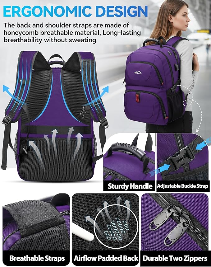 ProEtrade Travel Backpack, Extra Large Laptop Backpack School Business Anti Theft TSA Approved College Work Computer Bag Fits 17 Inch Laptop with USB Charging Port Bookbag for Women Men(Purple)