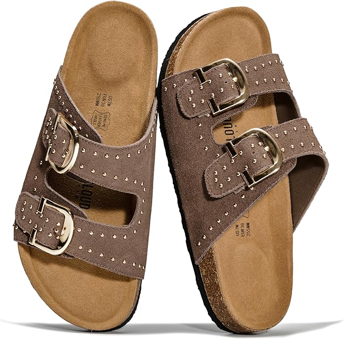 Project Cloud 100% Genuine Leather Flat Sandals For Women 2026 Cork Footbed Womens Sandals with Memory Foam and arch support Vacation Essentials Slides for Women Footwear (Venita)