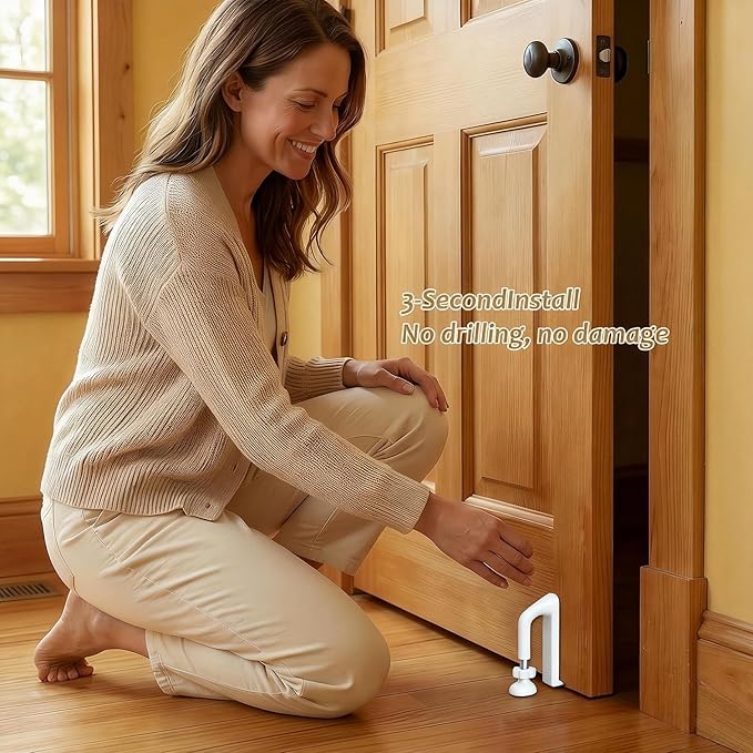 Portable Hotel Door Lock Stopper Travel Security Brace Safety, No Drill Stop Bar Fits Inward Swinging Doors Safety Self Defense Personal Protection for Apartment, White, 1 Pack