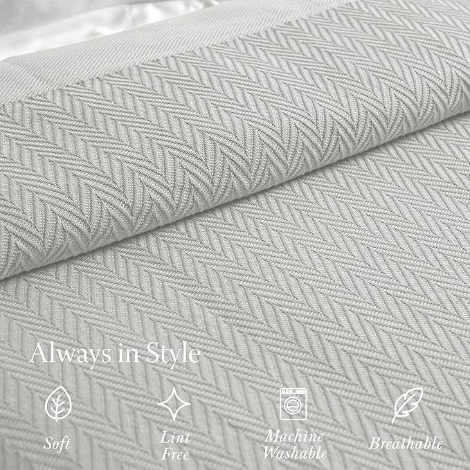 Threadmill Luxury Cotton Blankets for King Size Bed | All-Season Cozy 100% Cotton King Size Blanket | Herringbone Soft Fall Thermal Blanket fits California King Size Bed | Light Grey
