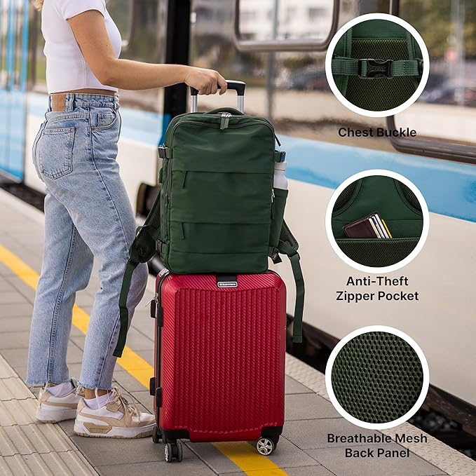 Carrywell (Not Made In China) Travel Backpack Airline Approved, Carry-On Underseat, Holds 15.6 or 16 Inch Laptop, Personal Item Bag with Shoe Compartment For Men Women, Green 30l