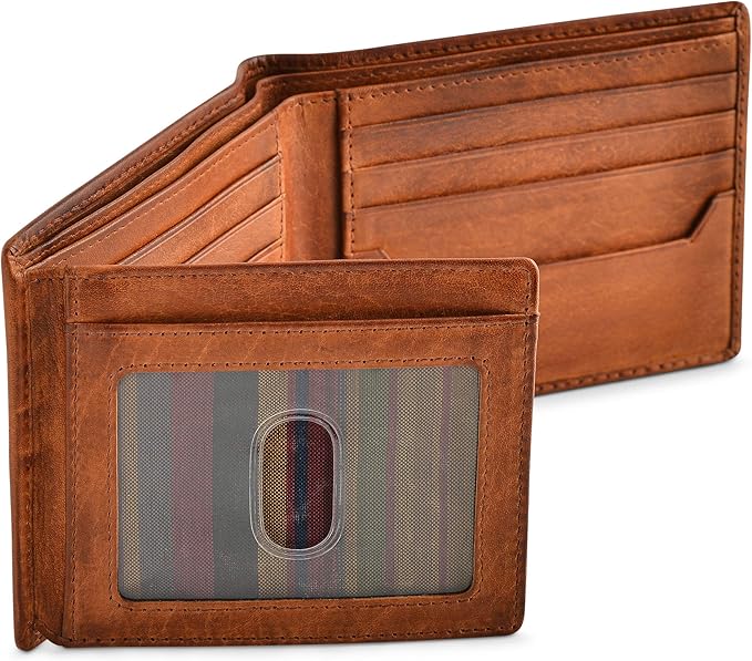 BULL GUARD RFID Blocking Bifold Wallets for Men, Brown Full Grain Leather Credit Card Wallet with 2 ID Windows Premium Security and High Capacity | RFID Blocking, Credit Card Wallet, with 2 ID Windows, Premium Security, High Capacity