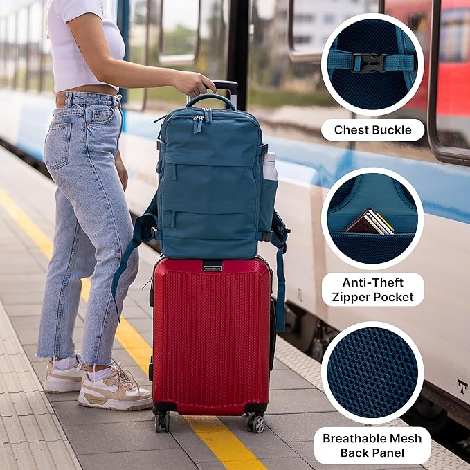Carrywell (Not Made In China) Travel Backpack Airline Approved, Carry-On Underseat, Holds 15.6 or 16 Inch Laptop, Personal Item Bag with Shoe Compartment For Men Women, Peacock Blue 30l