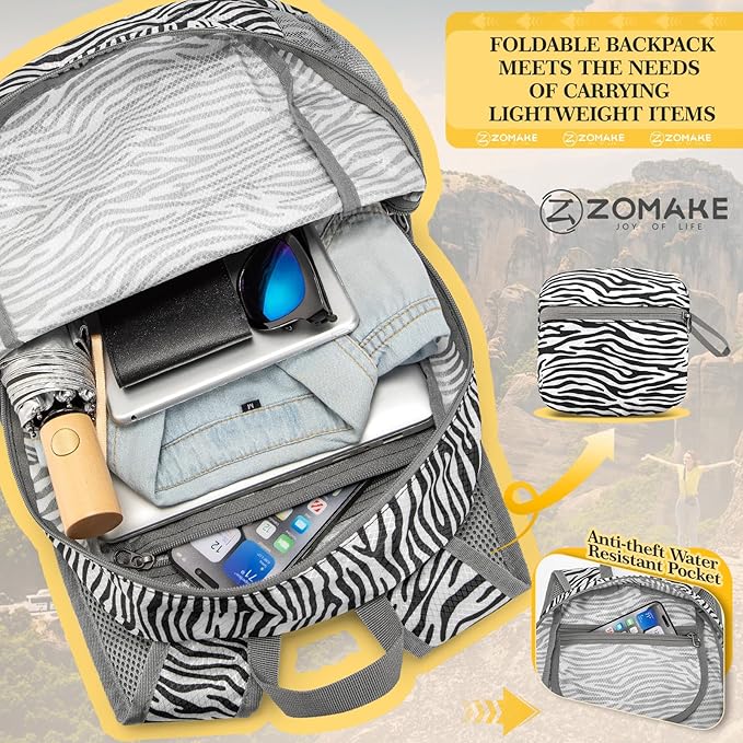 ZOMAKE Ultra Lightweight Hiking Backpack 20L, Packable Small Backpacks Water Resistant Daypack for Women Men(Zebra print)