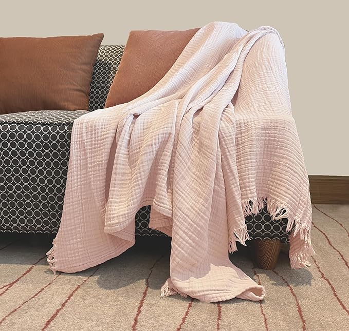 KyraHome 100% Organic Cotton Muslin Blankets for Adults, Girls, 60"x80", Plant Dyed, Breathable Lightweight Gauze Summer Throw Blankets for Couch, Napping, All Season (Soft Pink)