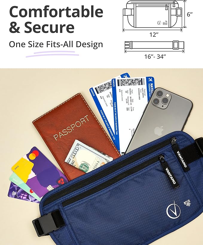 Money Belt for Travel - Security Fanny Pack for Phone, Money, Passport, & More with Anti Theft RFID Protection - Slim Under Clothes Hidden Wallet Holder Bag - Unisex Travel Waist Pouch for Women & Men