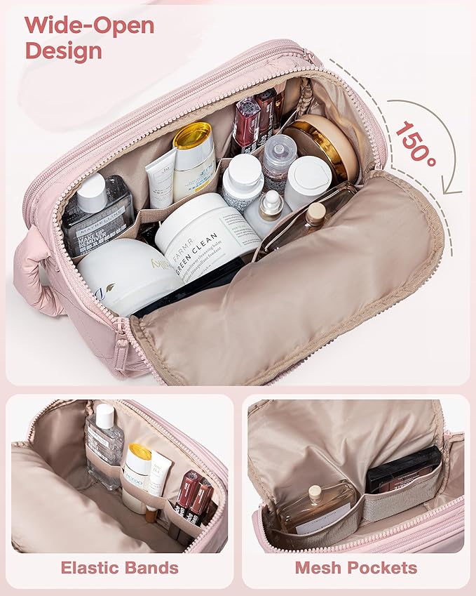 Marscamd Travel Toiletry Bag for Women, Water Resistant Makeup Organizer with Wide-Open Design for Toiletries and Cosmetics, Pink (Bag Only)