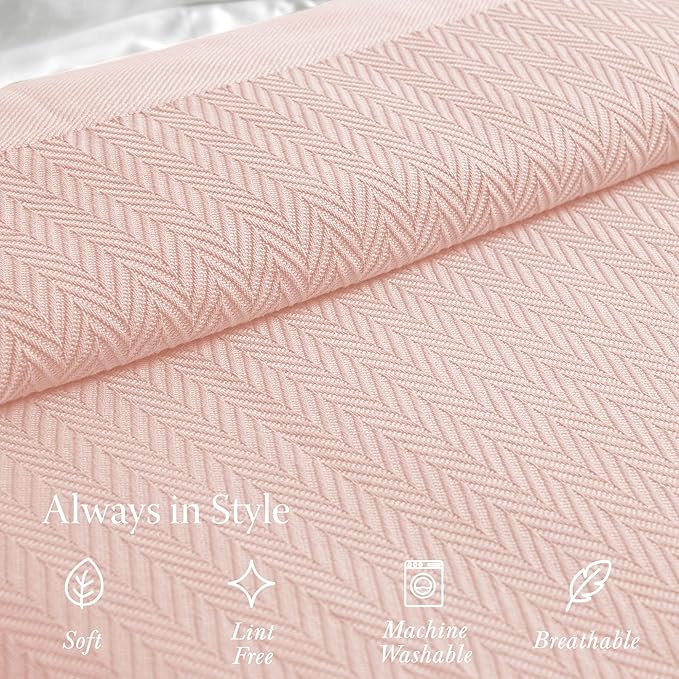Threadmill Luxury Cotton Blankets for King Size Bed | All-Season Cozy 100% Cotton King Size Blanket | Herringbone Soft Fall Thermal Blanket fits Cal King Size Bed | English Rose
