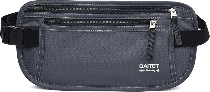 RFID Blocking Money Belt for Men Women, Slim Fanny Pack for Travel，Running,Conceal Waist Wallet for Passport Holder,Phone,Cash(Dark Grey)