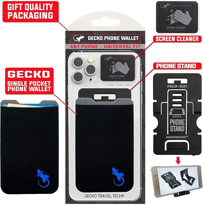 Phone Wallet - Adhesive Card Holder - Cell Phone Pouch - Stick on Lycra Pocket by Gecko - Carry Credit Cards and Cash