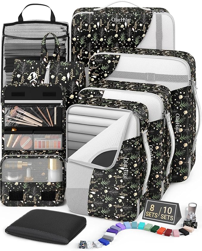 8 Set Packing Cubes for Travel, Gifts for Women Mom,Anti-Tearing Suitcase Organizer for Luggage with Shoe & Hanging Toiletry Bag,OlarHike Vacation Essentials & Accessories for Cruise Ship,Black Flower