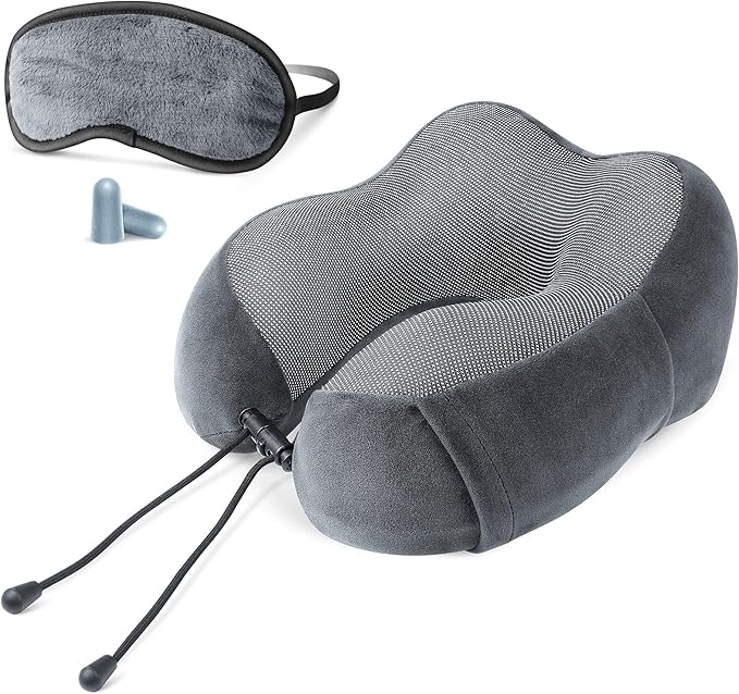 Cloudz Tech Memory Foam Travel Neck Pillow with Blackout Sleep Mask and Ear Plugs - Grey