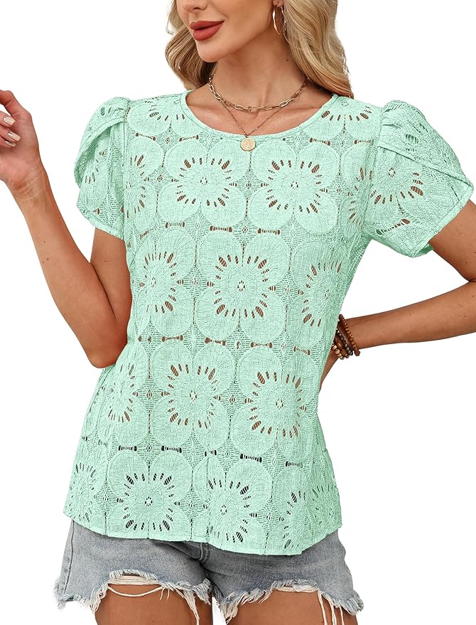 OFEEFAN Blouses for Women Dressy Casual Petal Short Sleeve Shirts Crochet Lace Boho Tops Spring Fashion Summer Outfits