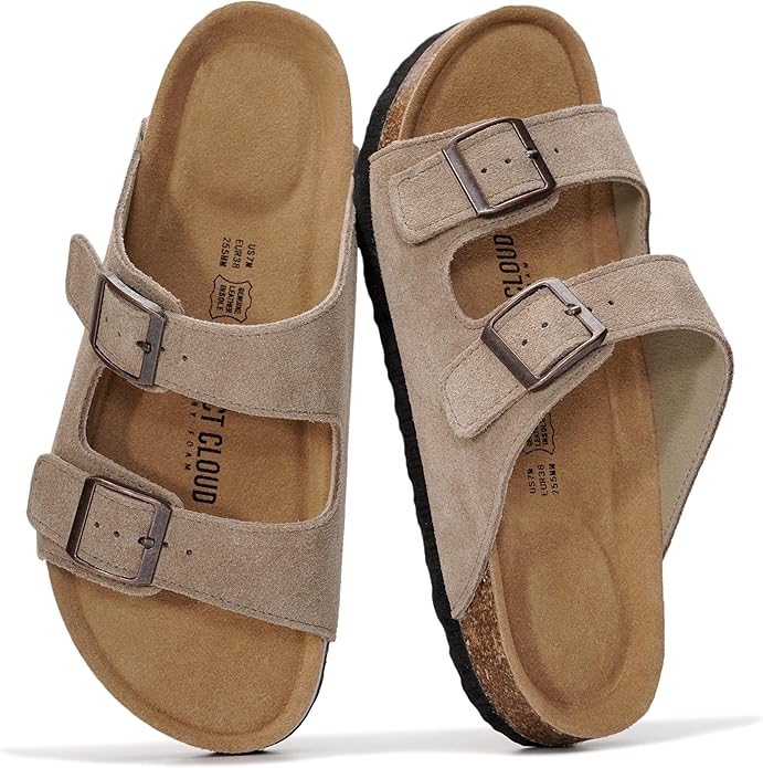 Project Cloud 100% Genuine Leather Flat Sandals For Women 2026 Cork Footbed Womens Sandals with Memory Foam and arch support Vacation Essentials Slides for Women Footwear (Venita)