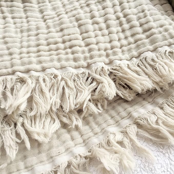 KyraHome Muslin Blankets for Adults, Couch 50"x60", 100% Organic Cotton Throw Blanket, Plant-Dyed, Breathable Lightweight Summer Throw Blanket, All Season (Oatmeal Khaki Tan)