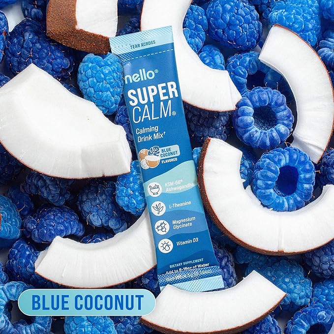 Nello Supercalm Drink Mix with Magnesium Glycinate, KSM 66 Ashwagandha, Vitamin D3 and L Theanine, Calm Powder Supplements for Relaxation Support, No Sugar, Travel Packets, 20 Ct, Blue Coconut