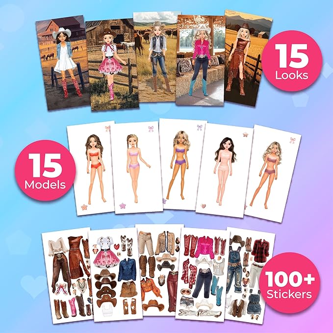 BSCOOL Sticker Dress up Books - Sticker Activity Book for Kids. Learn Girls Fashion Design with Stickers and Guides for Kids 5 and up. Little Designer Creativity Book. (Sticker Dress Up Cowgirl)