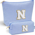 YOOLIFE Personalized Gifts for Women, Initial Makeup Bag with Makeup Pouch Cosmetics Organizer Bag Cute Makeup Bag Wedding Mothers Day Gifts Wedding Gifts for Sister Wife Friend Female Mom Blue N