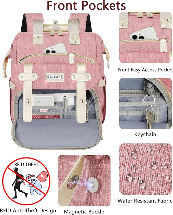FALANKO Backpack for Women,Wide Open Work Large Student Bookbag for 15.6 Inch Laptop,Doctor Teacher Nurse College School Travel Bag,Water Resistant Laptop Bookbag Computer Back Pack Pink