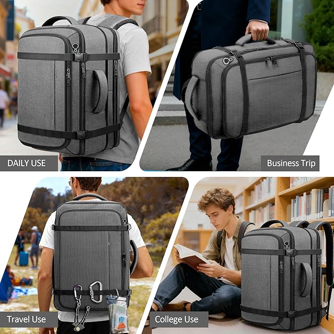 Spacious Carry On Backpack,Expandable Large 1-7DAYS Capacity Travel Backpack with USB Cable Port,Fits 18.4" Laptop,Anti Theft Water Resistant Work Backpack for Men Women,Extended Travel Work,Grey