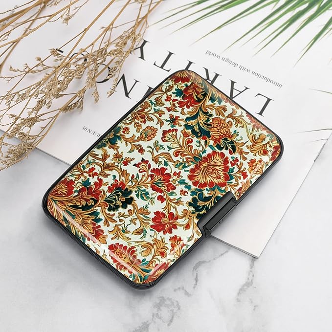ELFISH Mini RFID Aluminum Wallet Credit Cards Holder Business Card Case Metal ID Case for Men Women(Carpet Pattern)