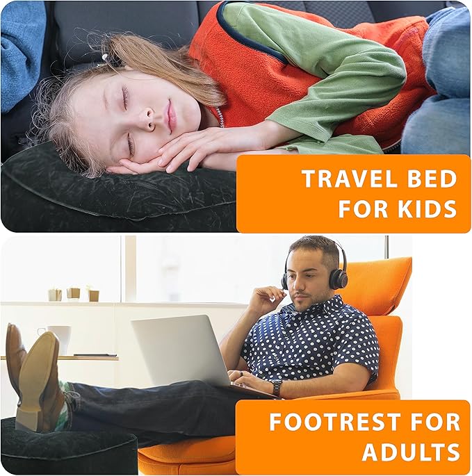 Inflatable Travel Foot Rest Pillow - Adjustable Leg Rest for Airplane, Car, Train, Home & Office, Comfortable Seat Extender for Kids - Black
