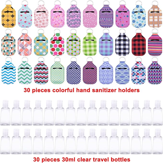 Duufin 60 Pcs Hand Sanitizer Keychain Holders Set with 30 Pcs Empty Bottles 30 Pcs Hand Sanitizer Holder for Backpack Purse
