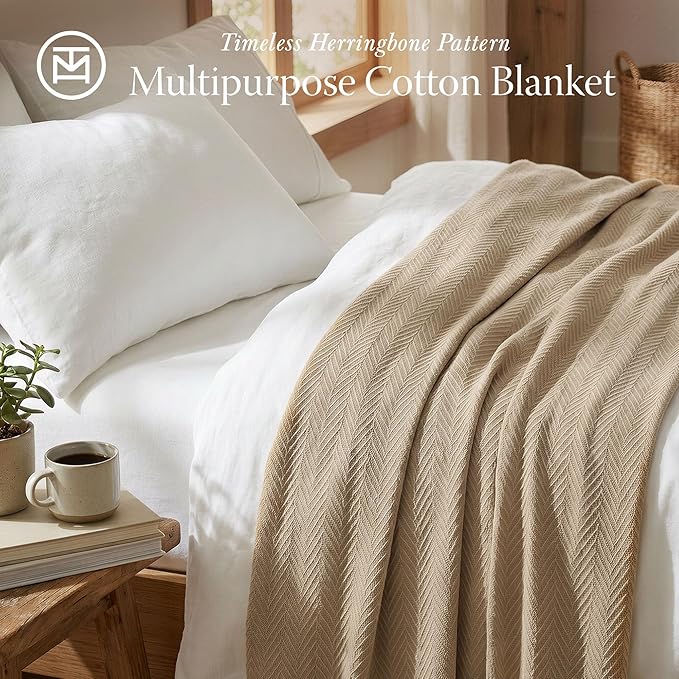 Threadmill Luxury Cotton Blankets for Queen Size Bed | All-Season 100% Cotton Queen Size Blanket | Herringbone Cozy, Soft Breathable Fall Thermal Blanket fits Full Size Bed, 90x92 | Beige