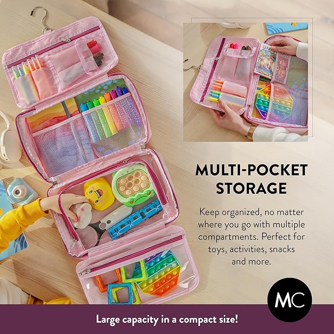 Kids Travel Organizer – Multi-Compartment, Water-Resistant Hanging Bag for Toys, Snacks, & Activities - Compact, Lightweight Design with Hook & Carry Handle - Perfect for Travel Use (Pink, Large)