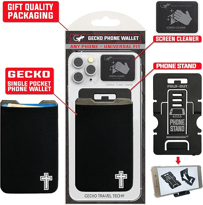 Phone Wallet - Adhesive Card Holder - Cell Phone Pouch - Stick on Lycra Pocket by Gecko - Carry Credit Cards and Cash