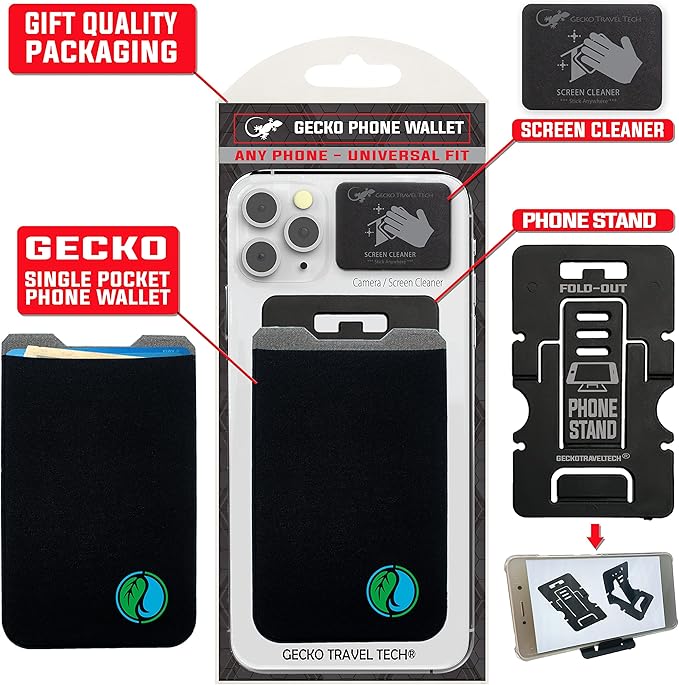 Phone Wallet - Adhesive Card Holder - Cell Phone Pouch - Stick on Lycra Pocket by Gecko - Carry Credit Cards and Cash