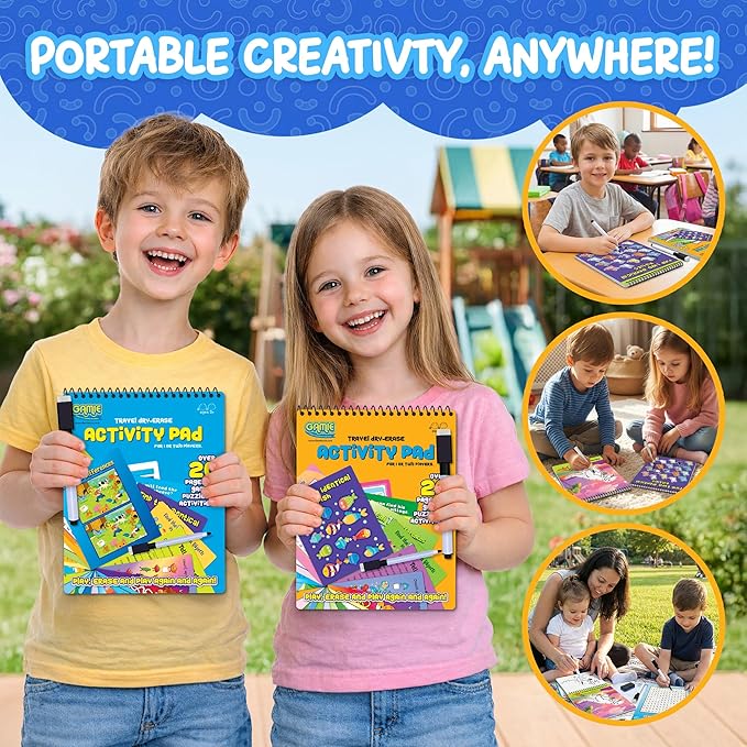 Travel Reusable Activity Books- 2 Pack - Travel Games for Kids, Roads Trip Car Games & Activities Must Haves Essentials, Airplane Activities for Kids, Includes 20+ Learning Games in Each Book