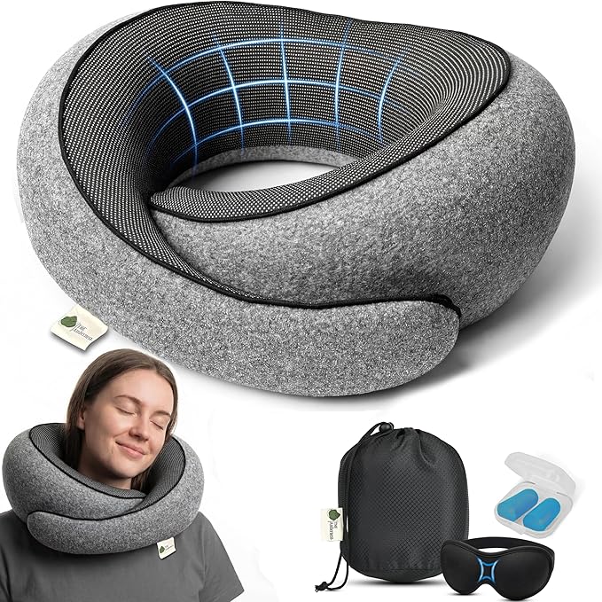 Travel Neck Pillow 100% Memory Foam, Ergonomic 360° Support Pillow for Flights, Car, Office & Train, Breathable Travel Essentials for Adults & Kids, Neck Pain Relief, (GREY)
