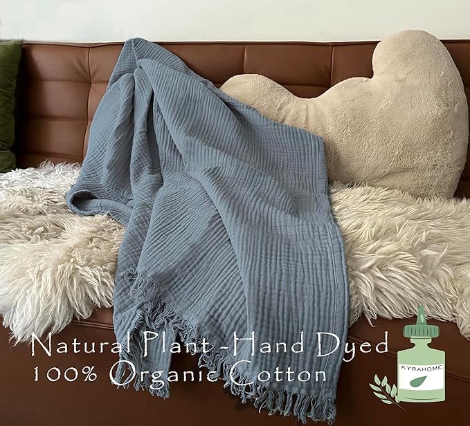 KyraHome Muslin Blankets for Adults, 100% Organic Cotton Blanket Plant Dyed, Breathable Lightweight Gauze Throw Blanket for Couch, All Season, 50"x60" (Slate Blue)