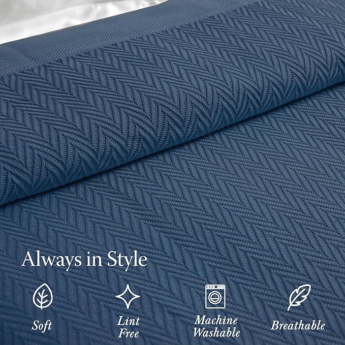 Threadmill Luxury Cotton Blankets for King Size Bed | All-Season Cozy 100% Cotton King Size Blanket | Herringbone Soft Fall Thermal Blanket fits Cal King Size Bed | Folkstone Blue