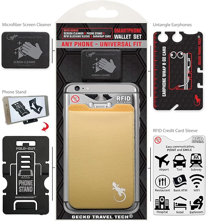 Phone Wallet - Adhesive Card Holder - Cell Phone Pouch - Stick on Lycra Pocket by Gecko - Carry Credit Cards and Cash
