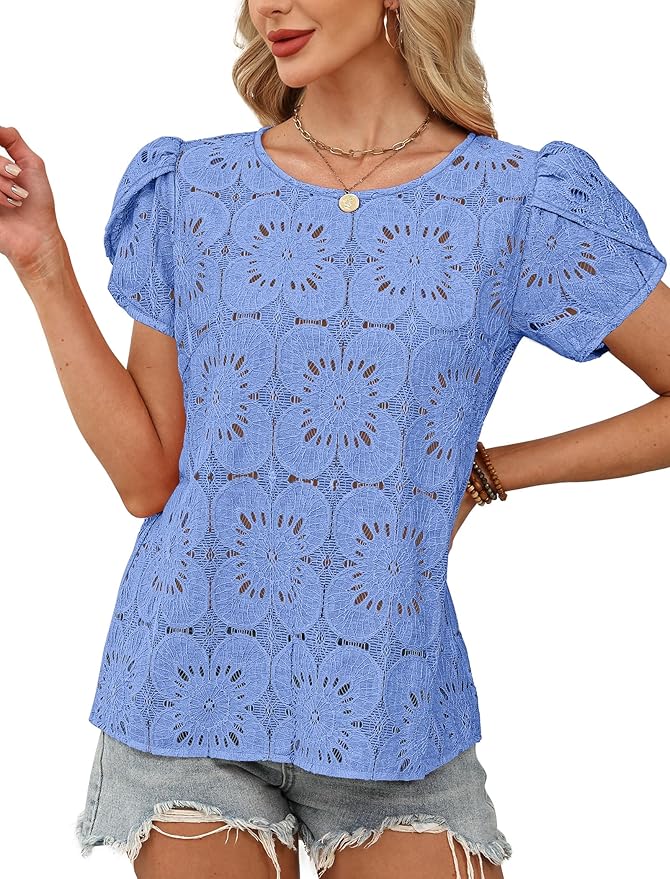 OFEEFAN Blouses for Women Dressy Casual Petal Short Sleeve Shirts Crochet Lace Boho Tops Spring Fashion Summer Outfits