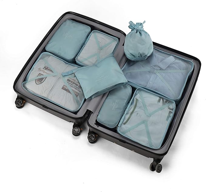 Packing Cubes 8 Sets Travel Luggage Organizers Include Waterproof Shoe Storage Bag Convenient Packing Pouches for Traveller (Blue grey)
