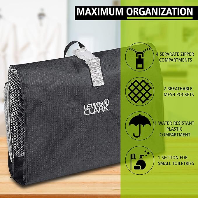 Lewis N. Clark Hanging Toiletry Bag for Travel Accessories, Shampoo, Cosmetics + Personal Items with Waterproof Compartment and Folding Design, Black