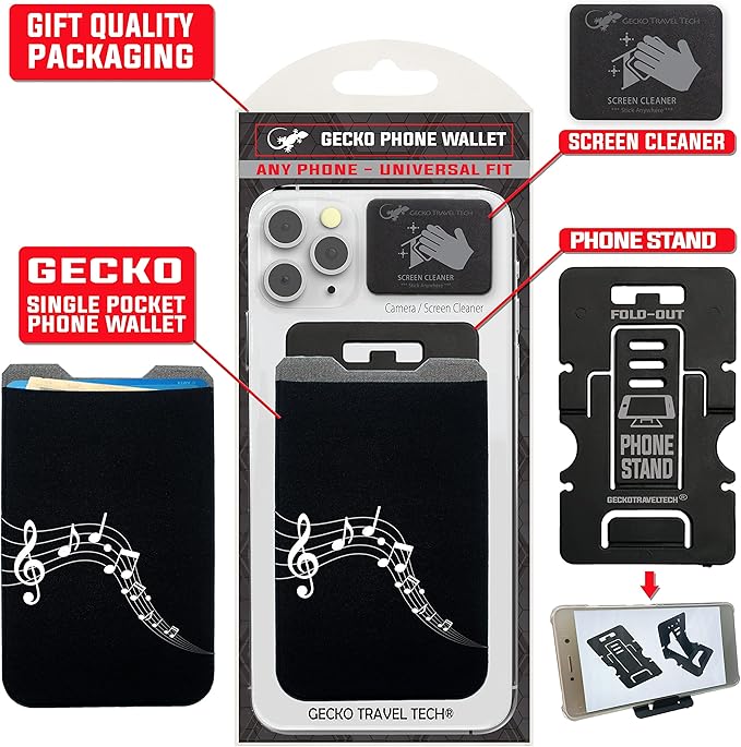Phone Wallet - Adhesive Card Holder - Cell Phone Pouch - Stick on Lycra Pocket by Gecko - Carry Credit Cards and Cash