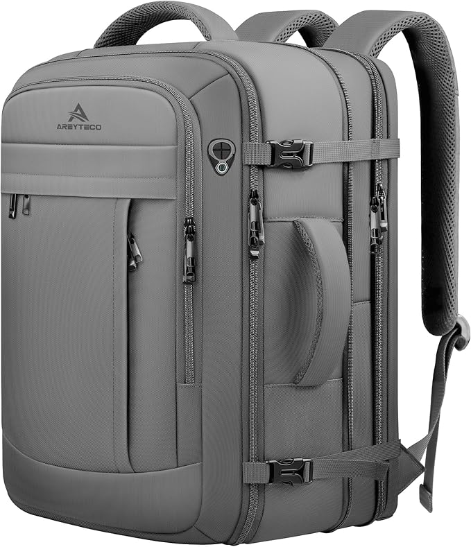 AREYTECO Carry On Backpack, 50L Extra Travel Laptop Backpack for Men Women, Big Bag Business Travel Essentials Gifts for men, 17 Inch Laptop Backpack Computer Bag Gifts for Him Men, Grey