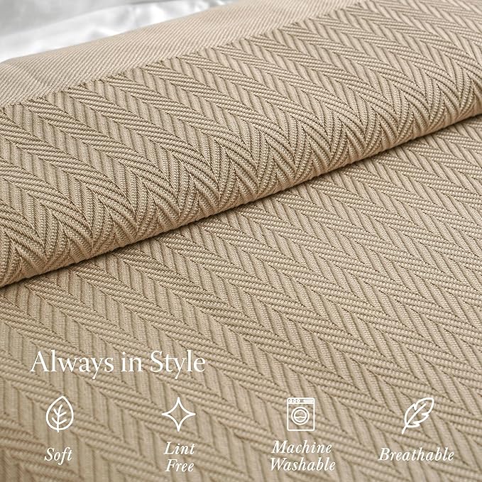 Threadmill Luxury Cotton Blankets for Queen Size Bed | All-Season 100% Cotton Queen Size Blanket | Herringbone Cozy, Soft Breathable Fall Thermal Blanket fits Full Size Bed, 90x92 | Beige