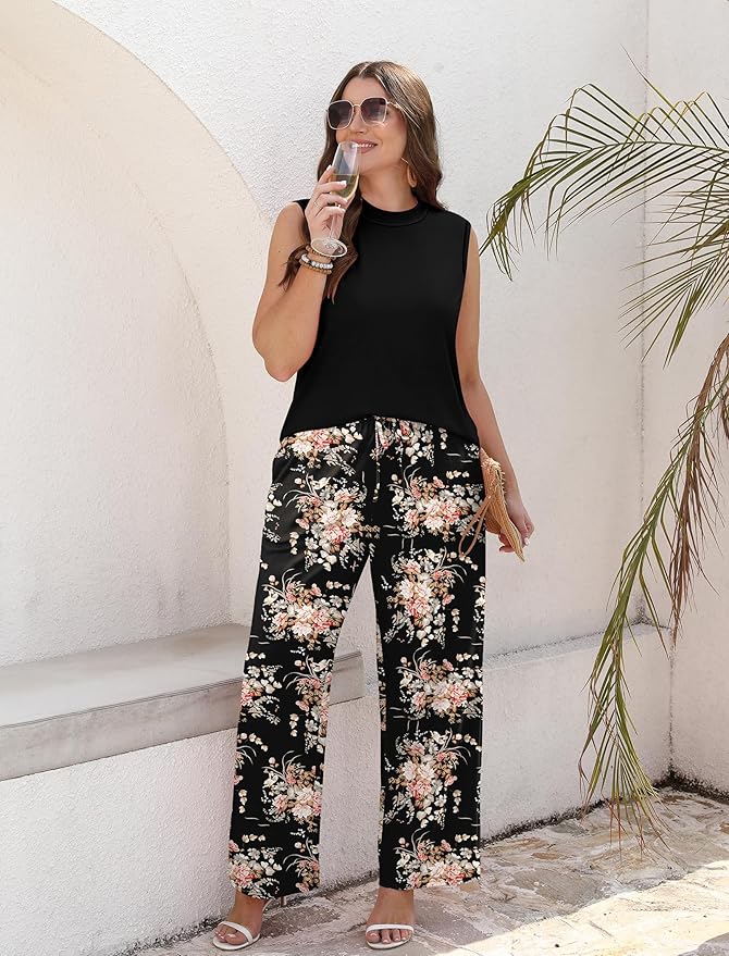 WIHOLL Two Piece Set for Women Summer Spring Outfits Cruise Travel Airport Beach Vacation Mock Neck Wide Leg Pants Set