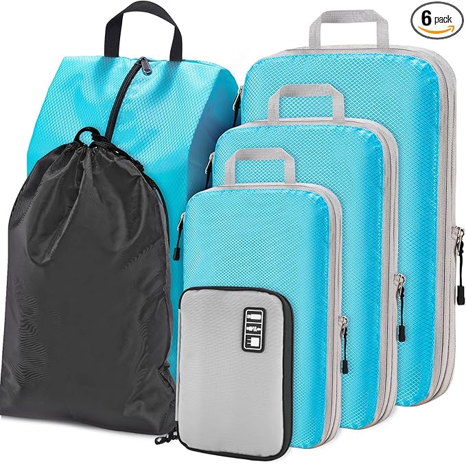 NiHome Compression Packing Cube 6PCS Set Expandable Travel Bag Luggage Organizers Electronic Cable Cord Charger Organizer Drawstring Bag for Trip Home Storage Travel Gear Accessories (Blue/Black/Grey)