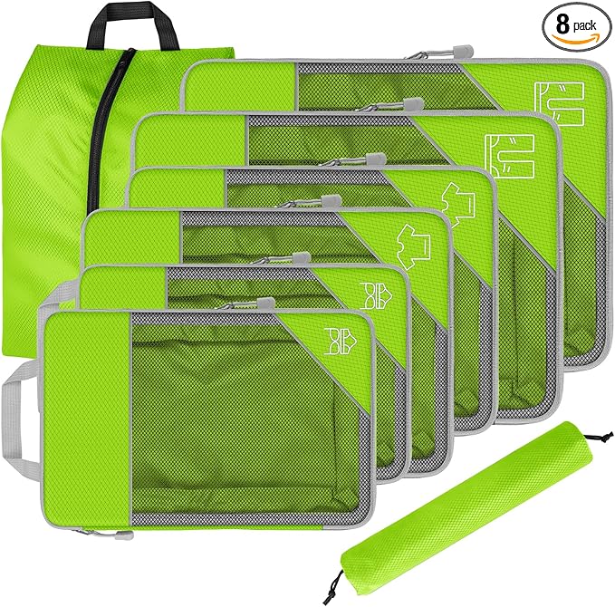 8 Set Compression Packing Cubes for Travel, Expandable Luggage Organizer with Shoe Bag & Laundry Bag - Lightweight Suitcase & Backpack Travel Essentials (Green)