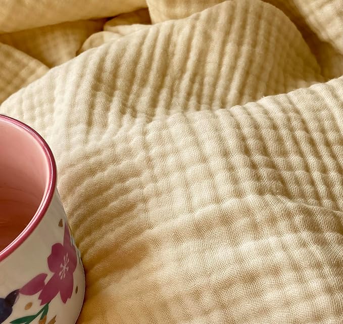 KyraHome 100% Organic Cotton Throw Blanket, 90"x90" Queen Muslin Blankets for Adults, Couch, Pre-Washed Breathable Lightweight Blanket, Coverlet, All Season (Shortbread/Creamy)