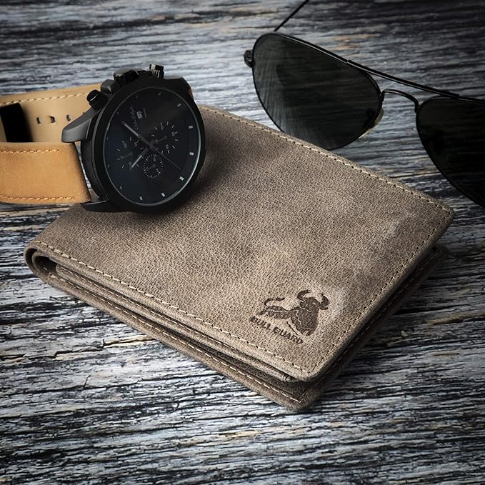 BULL GUARD RFID Mens Bifold Leather Wallet with 2 ID Windows Premium Security Full Grain Leather High Capacity Credit Card Wallet
