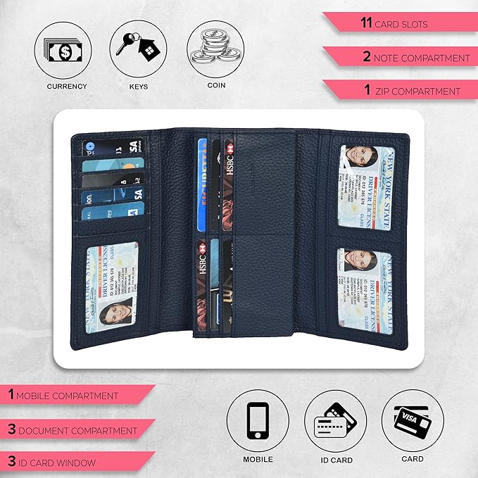 Real Leather Women Wallet Leather with RFID Blocking -Trifold Card Holder Designer Ladies Clutch with ID Window Wallets
